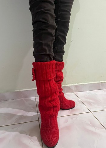El Emeği Kırmızı Örgü Kadın Yüksek Topuklu Bot - Görsel 5
