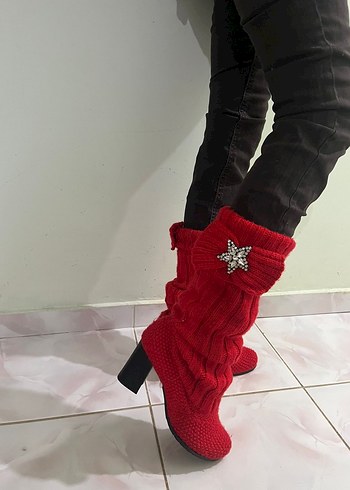 El Emeği Kırmızı Örgü Kadın Yüksek Topuklu Bot - Görsel 3