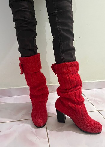 El Emeği Kırmızı Örgü Kadın Yüksek Topuklu Bot - Görsel 4