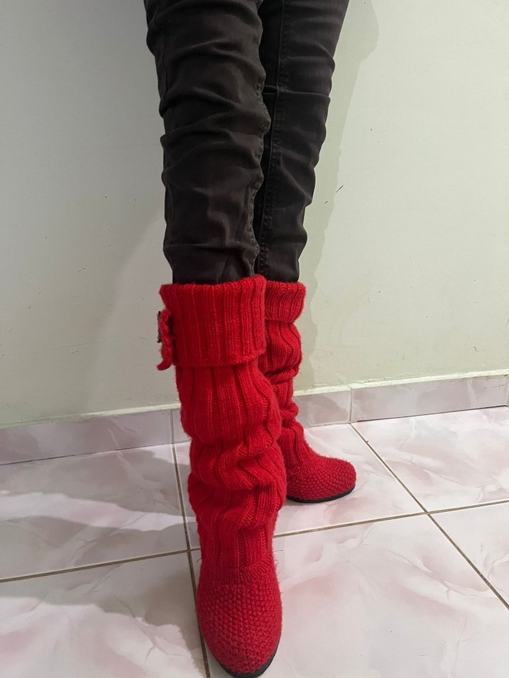 El Emeği Kırmızı Örgü Kadın Yüksek Topuklu Bot - Görsel 5