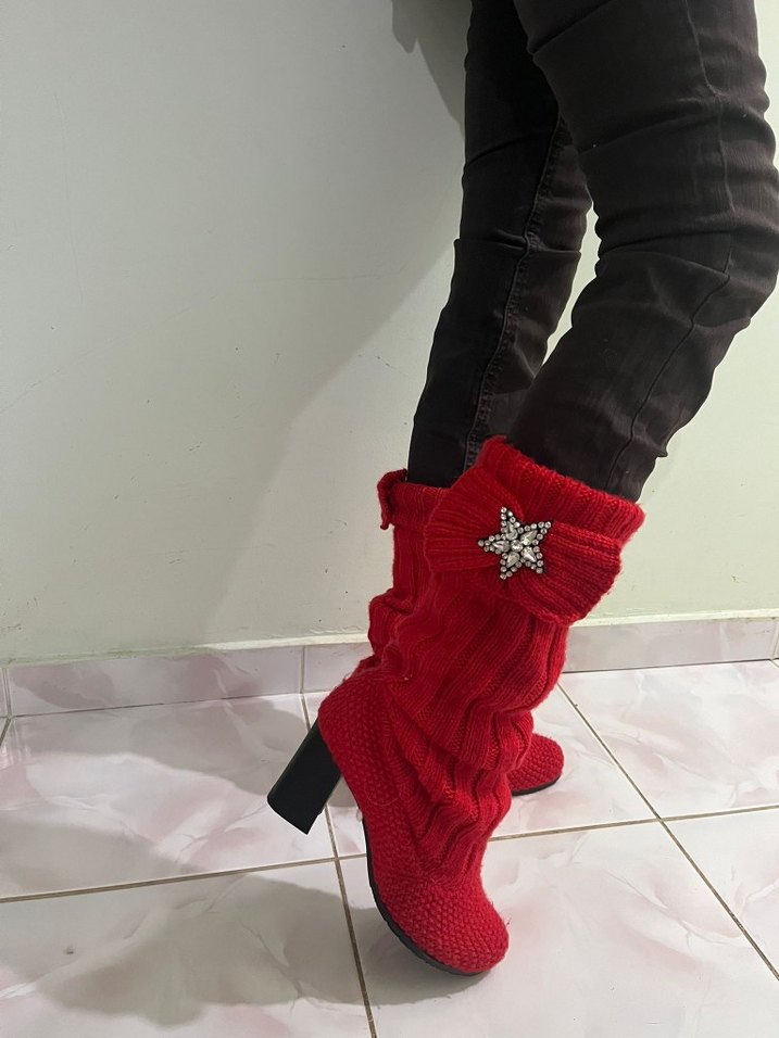El Emeği Kırmızı Örgü Kadın Yüksek Topuklu Bot - Görsel 3
