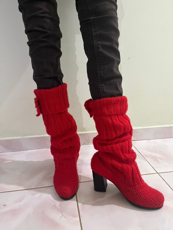 El Emeği Kırmızı Örgü Kadın Yüksek Topuklu Bot - Görsel 4