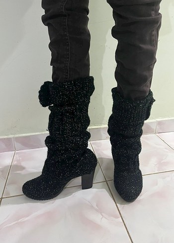 Örgü Siyah Yüksek Topuklu Kadın Bot - Görsel 5