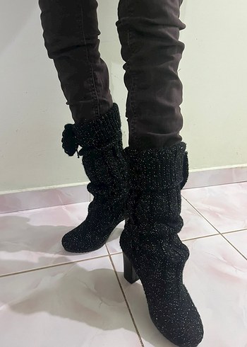 Örgü Siyah Yüksek Topuklu Kadın Bot - Görsel 3