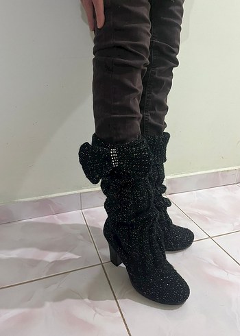 Örgü Siyah Yüksek Topuklu Kadın Bot - Görsel 4