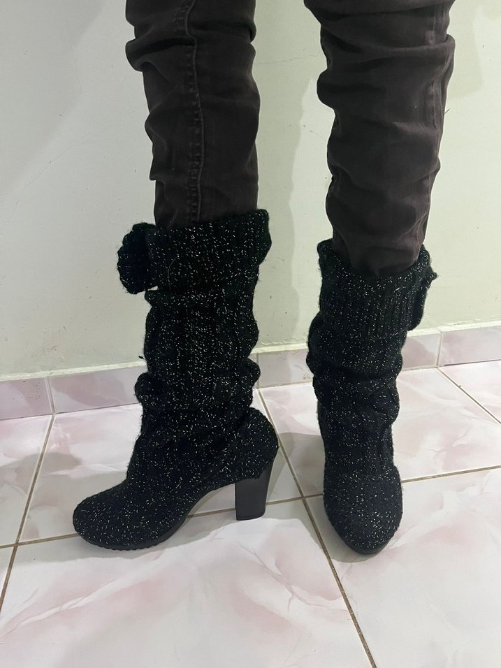 Örgü Siyah Yüksek Topuklu Kadın Bot - Görsel 5