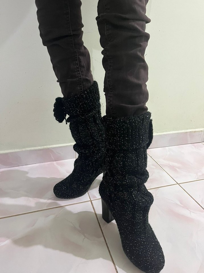 Örgü Siyah Yüksek Topuklu Kadın Bot - Görsel 3