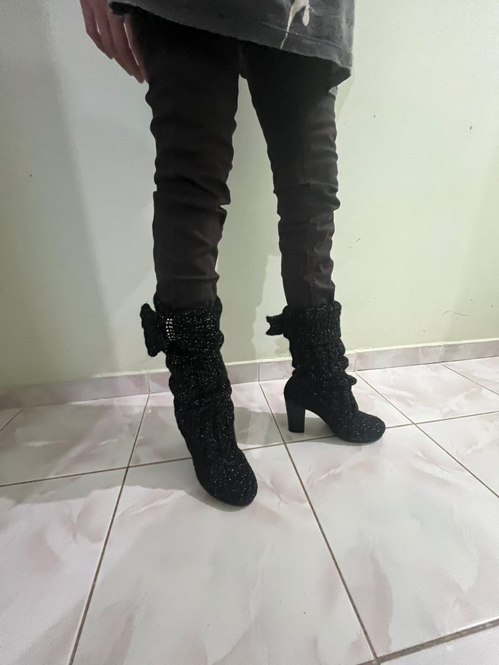 Örgü Siyah Yüksek Topuklu Kadın Bot - Görsel 2