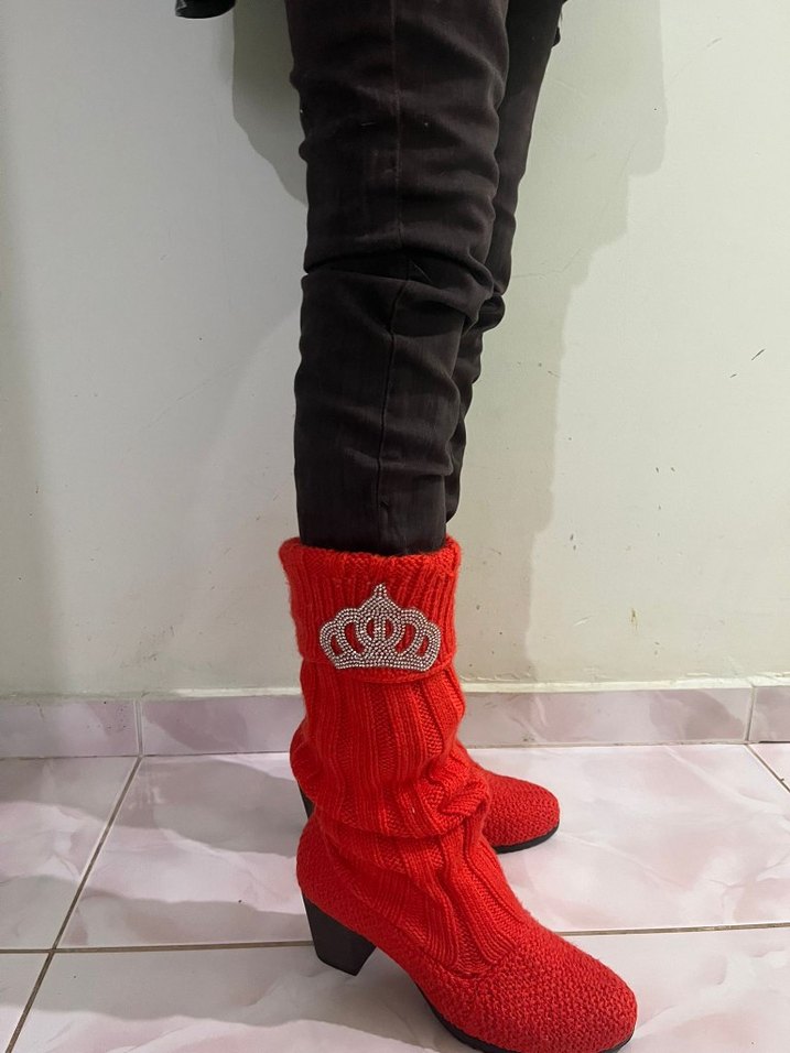Kırmızı Örgü  Topuklu Kadın Bot - Görsel 3