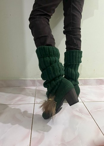 Kadın Yeşil Triko Topuklu Çizme  Kürk Detaylı, El Örgüsü - Görsel 3