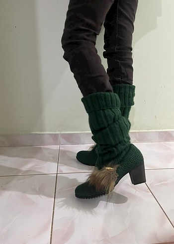Kadın Yeşil Triko Topuklu Çizme  Kürk Detaylı, El Örgüsü - Görsel 2