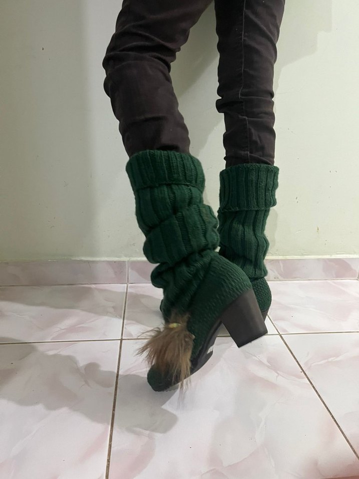 Kadın Yeşil Triko Topuklu Çizme  Kürk Detaylı, El Örgüsü - Görsel 3