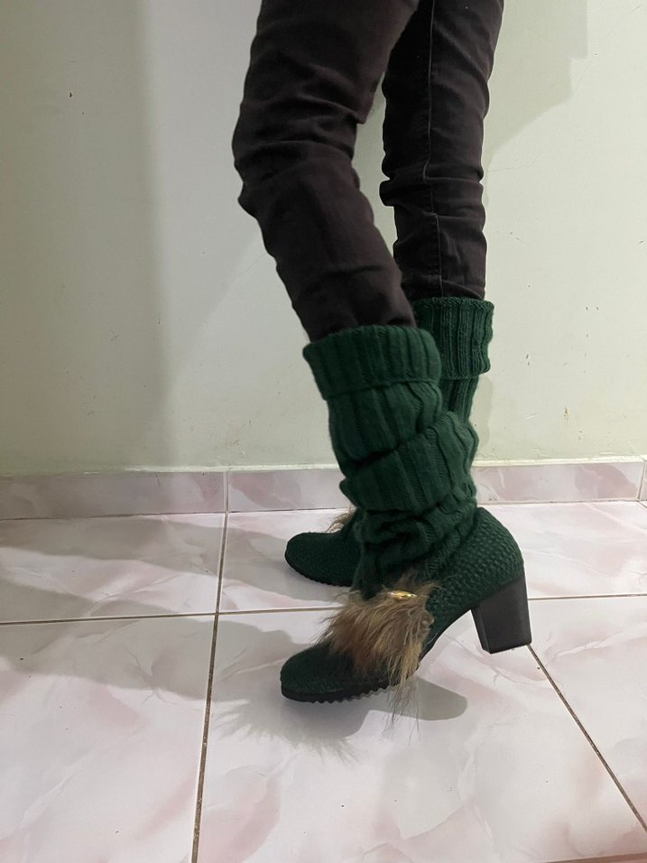Kadın Yeşil Triko Topuklu Çizme  Kürk Detaylı, El Örgüsü - Görsel 2