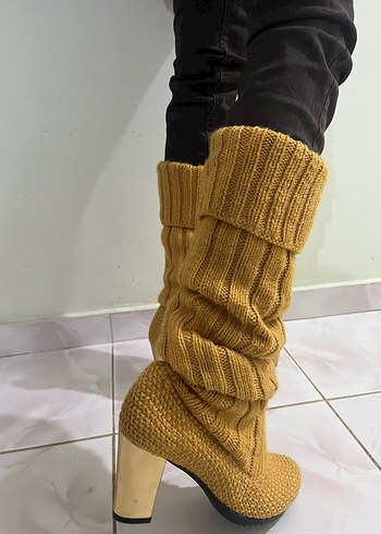 El Örgüsü Hardal Renk Topuklu Bot  Sıcak, Şık ve El Emeği - Görsel 3