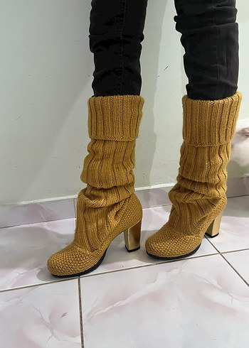 El Örgüsü Hardal Renk Topuklu Bot  Sıcak, Şık ve El Emeği - Görsel 2