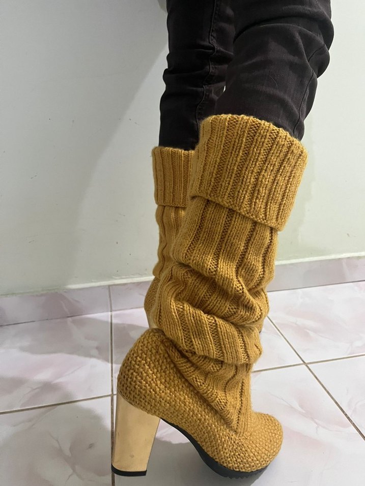 El Örgüsü Hardal Renk Topuklu Bot  Sıcak, Şık ve El Emeği - Görsel 3