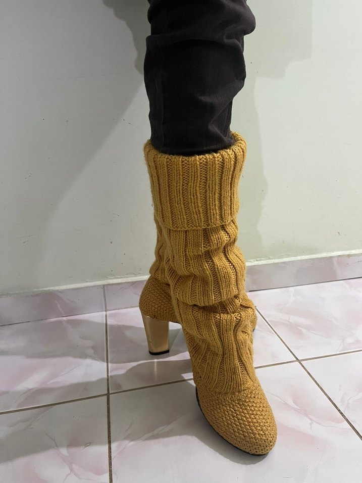 El Örgüsü Hardal Renk Topuklu Bot  Sıcak, Şık ve El Emeği - Görsel 4