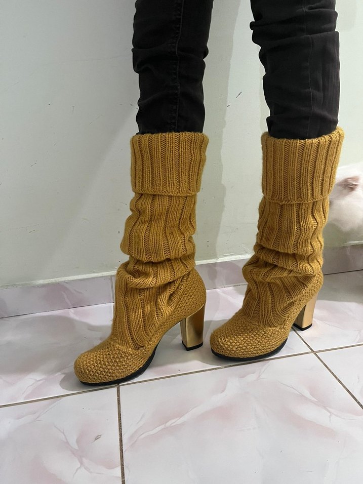 El Örgüsü Hardal Renk Topuklu Bot  Sıcak, Şık ve El Emeği - Görsel 2
