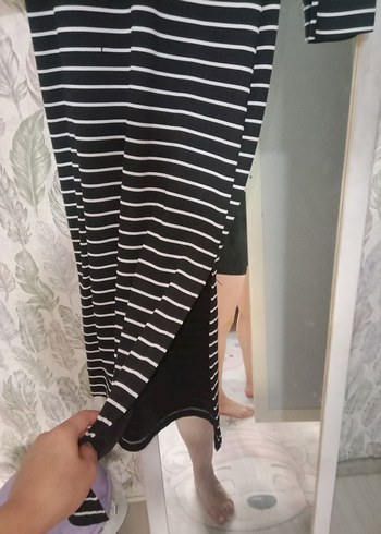 Diğer Çizgili Siyah Gri Uzun Kollu Elbise