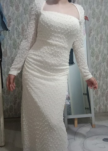 l Beden Uzun Kollu Vintage Beyaz Düz Kesim Gelinlik