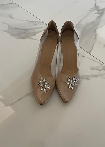 Bej Şeffaf Taşlı Stiletto Kadın Abiye Ayakkabı