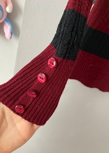 Bordo Çizgili Uzun Kollu Kadın Triko Kazak - Görsel 4