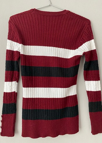 Bordo Çizgili Uzun Kollu Kadın Triko Kazak - Görsel 3