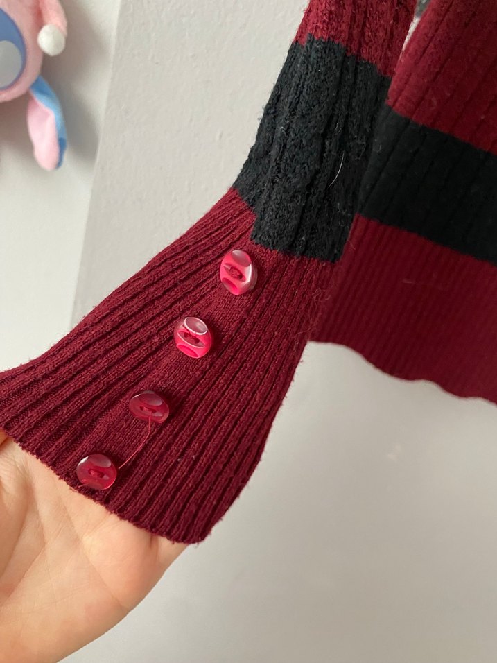 Bordo Çizgili Uzun Kollu Kadın Triko Kazak - Görsel 4