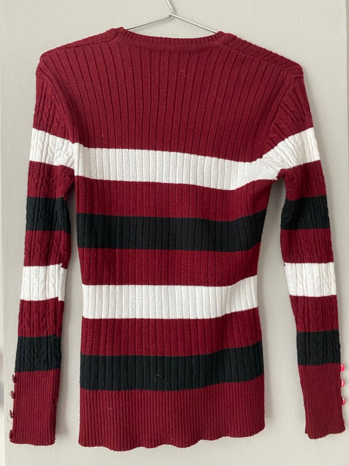 Bordo Çizgili Uzun Kollu Kadın Triko Kazak - Görsel 3