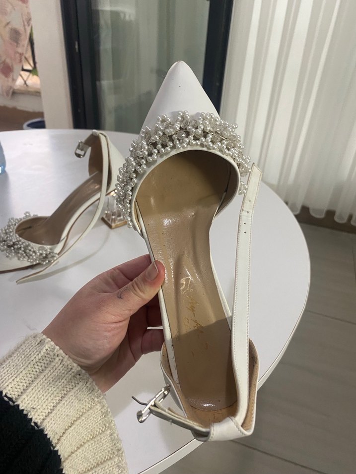 İnci İşlemeli Beyaz Stiletto Gelin Ayakkabısı - Görsel 4