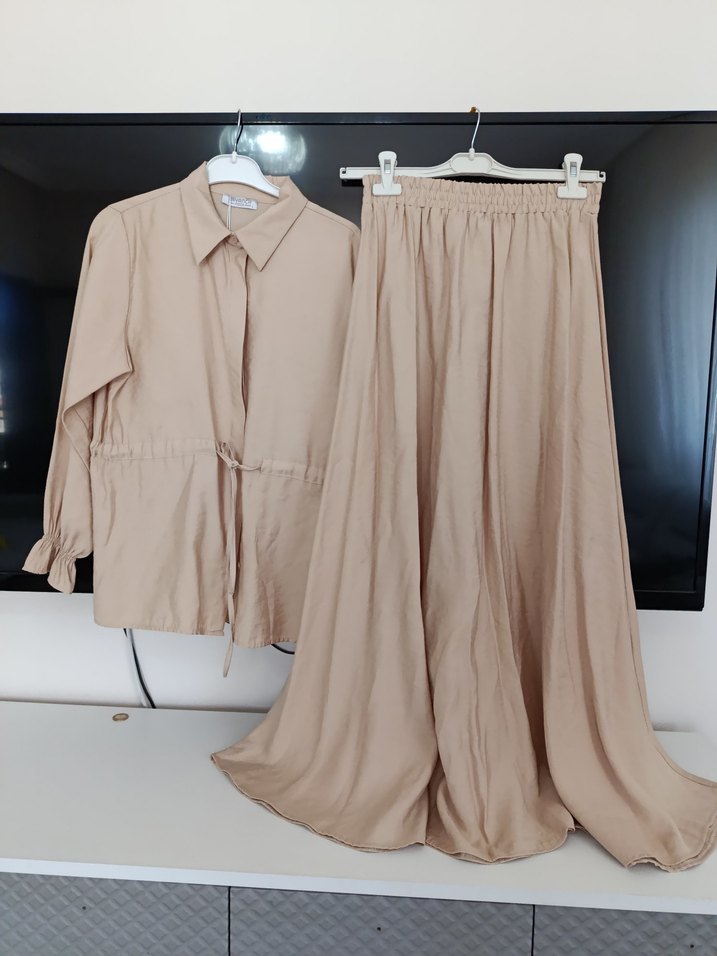 Bej Uzun Kollu Keten Kadın Takım - Görsel 5