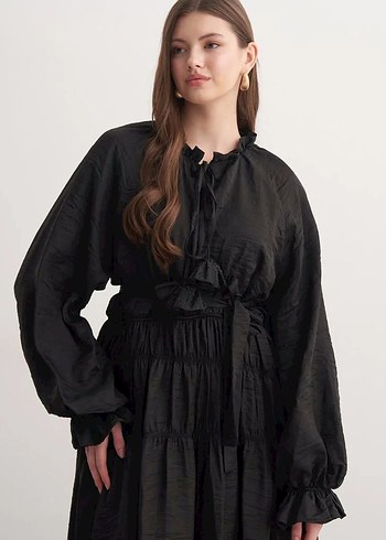 Uzun Siyah Keten Fırfırlı Elbise - Görsel 5