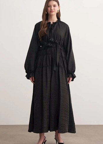 Uzun Siyah Keten Fırfırlı Elbise - Görsel 7