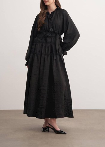 Uzun Siyah Keten Fırfırlı Elbise - Görsel 6