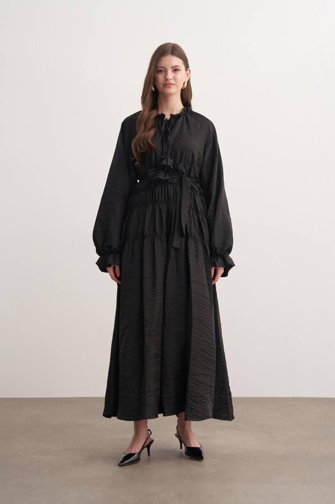 Uzun Siyah Keten Fırfırlı Elbise - Görsel 2