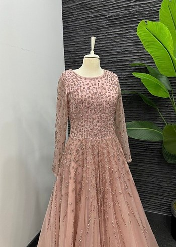 Uzun Kollu İşlemeli Pembe Abiye Elbise - Görsel 2