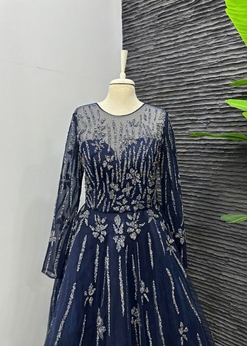 Boncuk İşlemeli Lacivert Uzun Kadın Abiye - Görsel 3