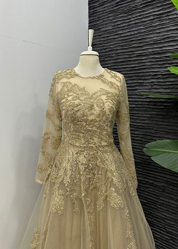 Uzun Kollu Altın İşlemeli Dantel Abiye - Görsel 2