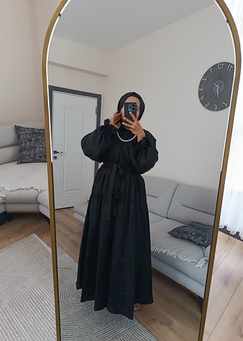 Siyah Fırfırlı Uzun Keten Elbise - Görsel 8