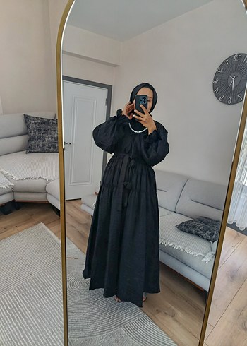 Siyah Fırfırlı Uzun Keten Elbise - Görsel 7