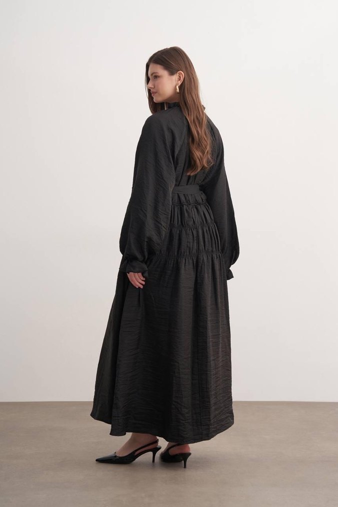 Siyah Fırfırlı Uzun Keten Elbise - Görsel 5