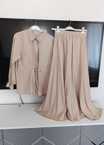 Bej Keten Kadın Uzun Salaş Takım - Görsel 5