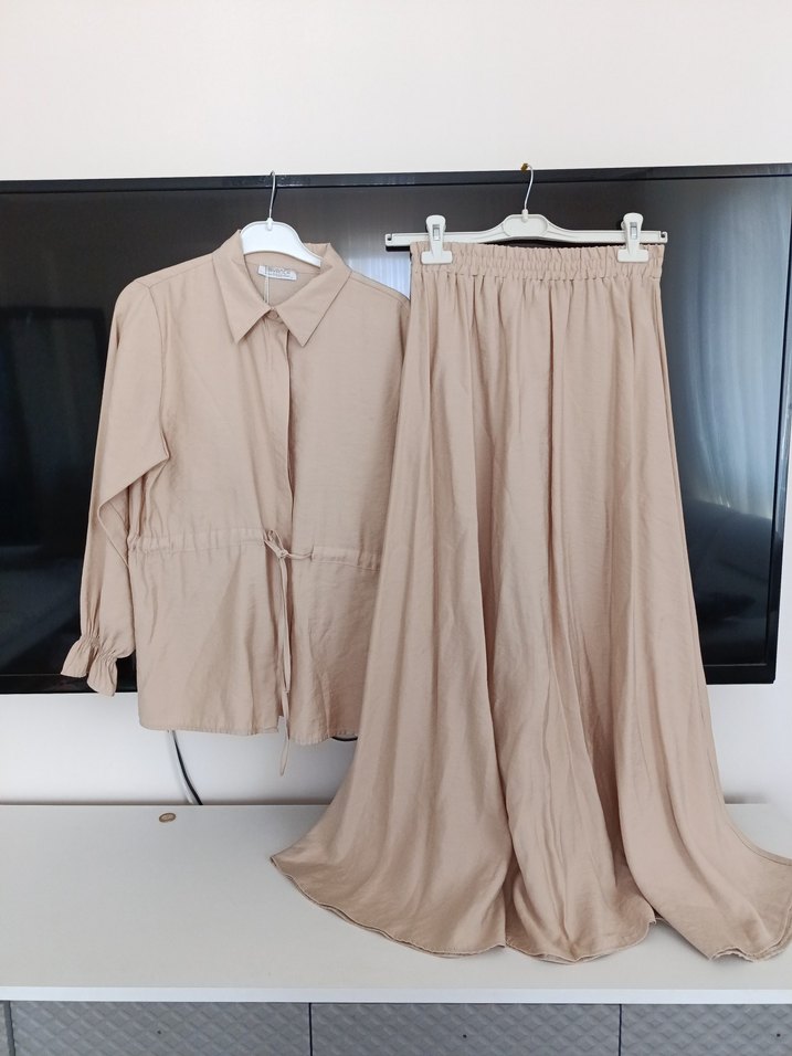 Bej Keten Kadın Uzun Salaş Takım - Görsel 4