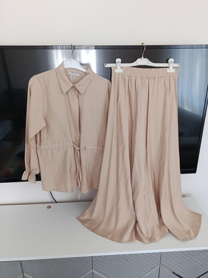 Bej Keten Kadın Uzun Salaş Takım - Görsel 3