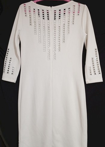 Uzun Kollu Beyaz Taşlı Payetli Kadın Abiye Elbise - Görsel 2