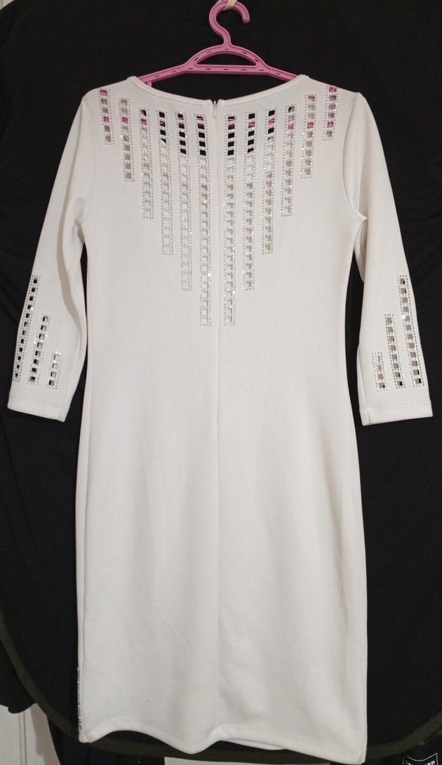 Uzun Kollu Beyaz Taşlı Payetli Kadın Abiye Elbise - Görsel 2