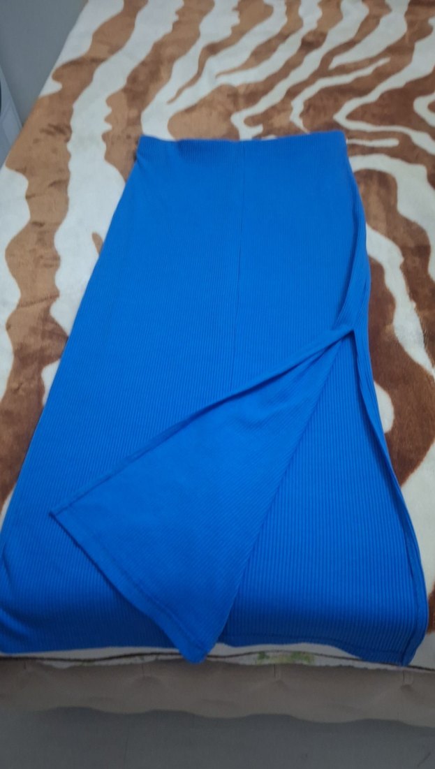 saks mavisi yan yırrmaçlı beli lastikli etek - Görsel 3