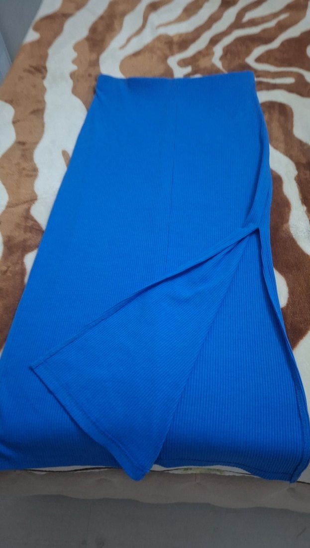 saks mavisi yan yırrmaçlı beli lastikli etek - Görsel 4