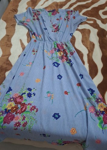 Mavi Çiçek Desenli Uzun Bohem Elbise - Görsel 3