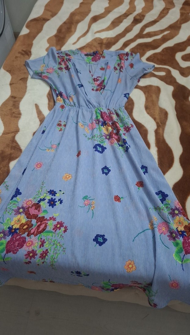 Mavi Çiçek Desenli Uzun Bohem Elbise - Görsel 3